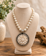 One-of-a-kind  Fossil Quartz Flower Stamped Sterling Silver Necklace