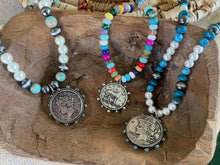 Load image into Gallery viewer, One-of-a-kind Pearl and Blue Agate Medallion Necklace
