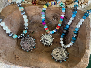 One-of-a-kind Pearl and Blue Agate Medallion Necklace