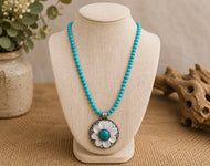 One-of-a-kind Turquoise Flower Stamped Sterling Silver Necklace