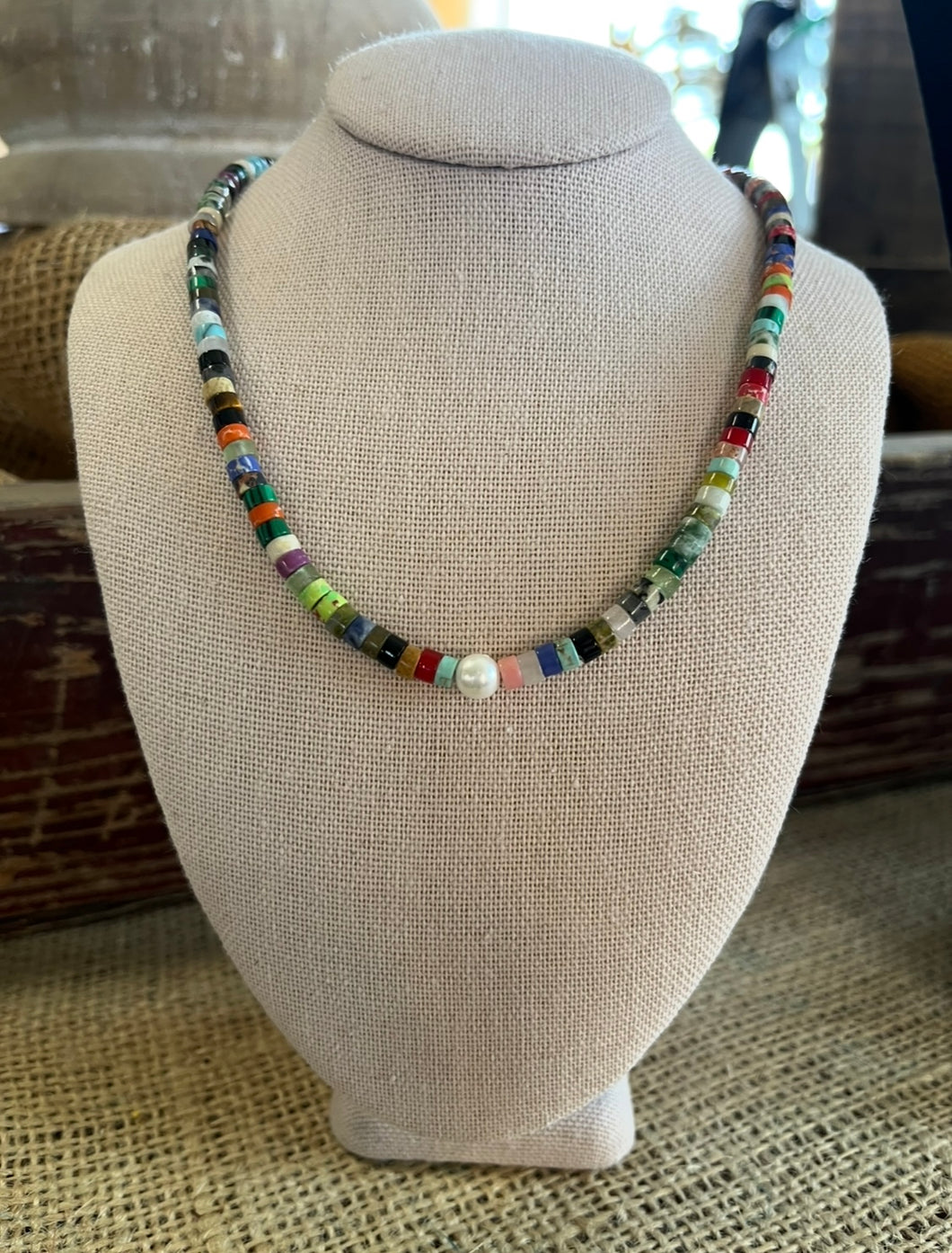 Multistone Heishi and Pearl Necklace