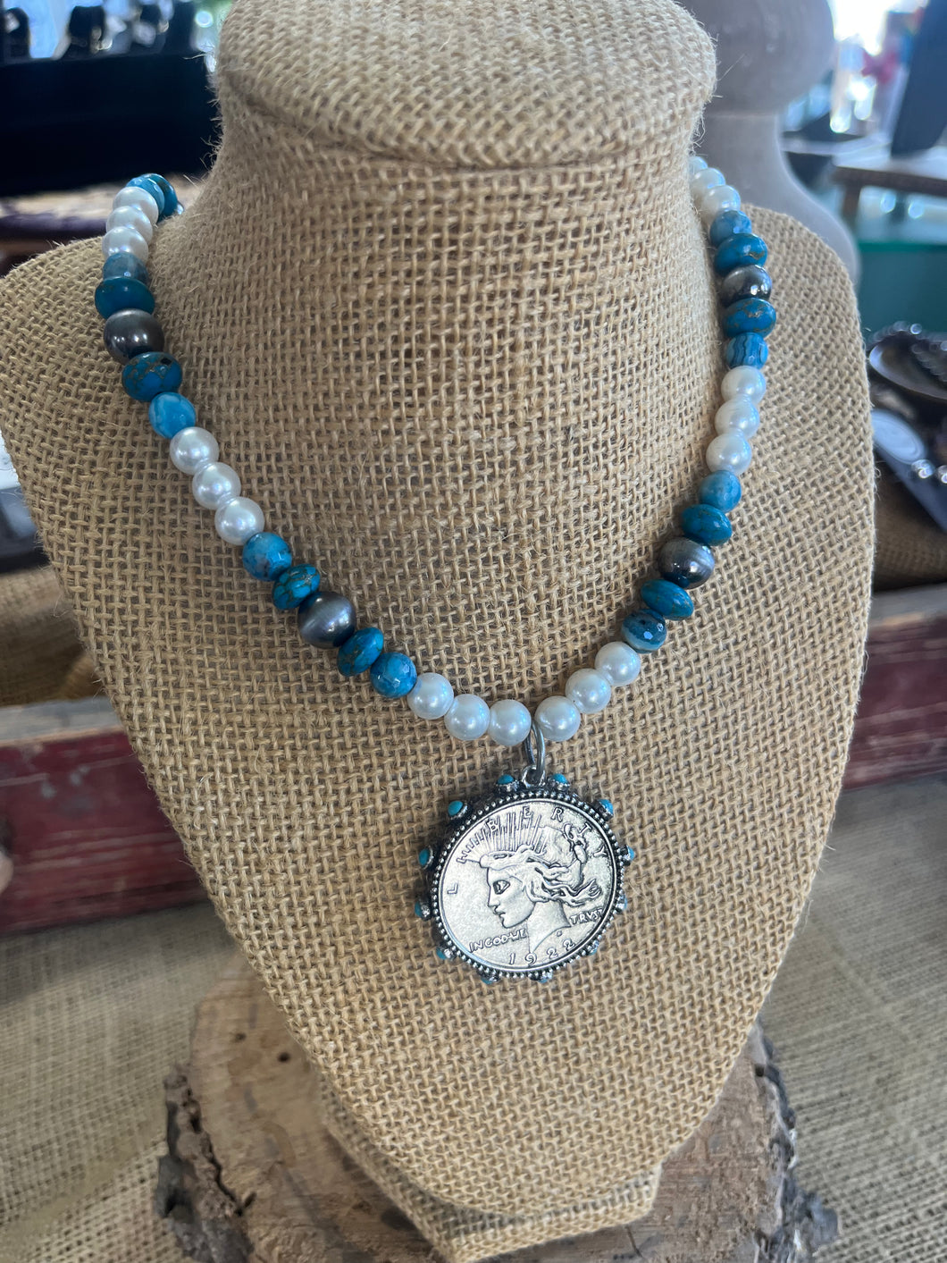 One-of-a-kind Pearl and Blue Agate Medallion Necklace