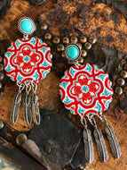 Red and Turquoise Tile Print Earrings
